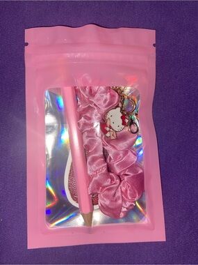 Hello Kitty Pink Satin Scrunchie Set with Charm & Pink Pencil
